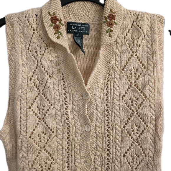 RALPH LAUREN WOMENS  HAND KNIT CARDIGAN SWEATER BEIGE EMBROIDERED COTTON MEDIUM - Picture 3 of 9